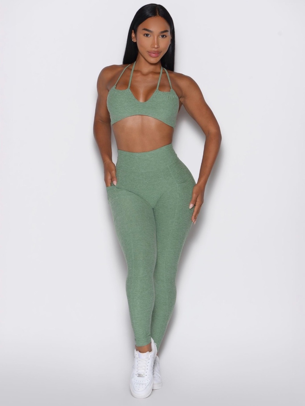 Bombshell Sportswear Basil Green Define Leggings & Multie Sports Bra Set